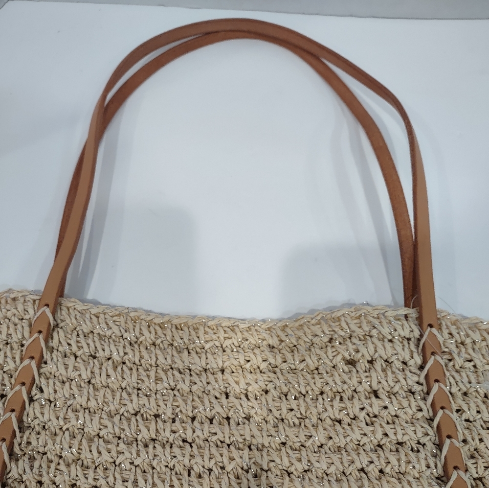 NWOT Merona Straw Packable Shoulder Bag w/Silver & Leather Straps Beach/Travel - Picture 3 of 9